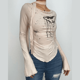 Contrast print off shoulder slit long sleeve top